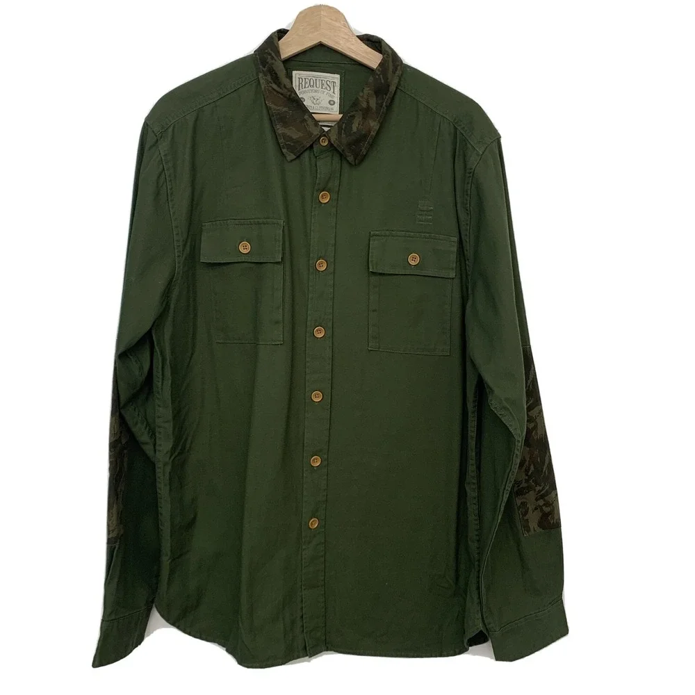Request Denim Army‎ Green Camo Patches Button Up Shirt XL 100%  Cotton Woven